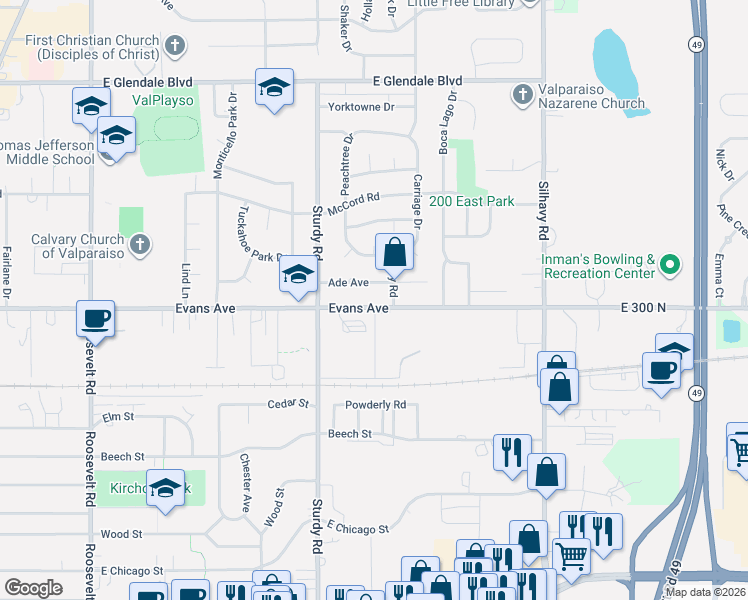 map of restaurants, bars, coffee shops, grocery stores, and more near 2201 Evans Avenue in Valparaiso