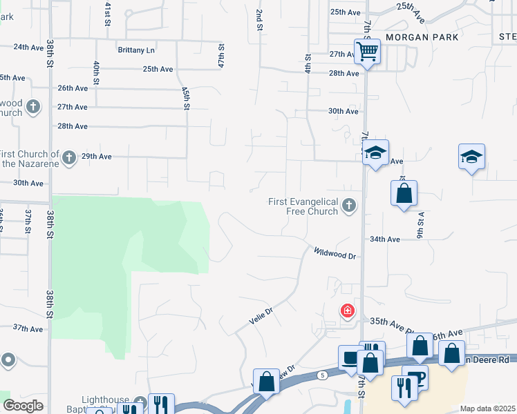 map of restaurants, bars, coffee shops, grocery stores, and more near 27 Thornwood Court in Rock Island
