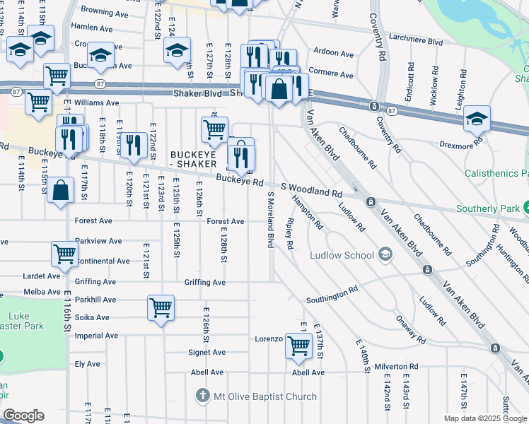 map of restaurants, bars, coffee shops, grocery stores, and more near 2962 South Moreland Boulevard in Cleveland