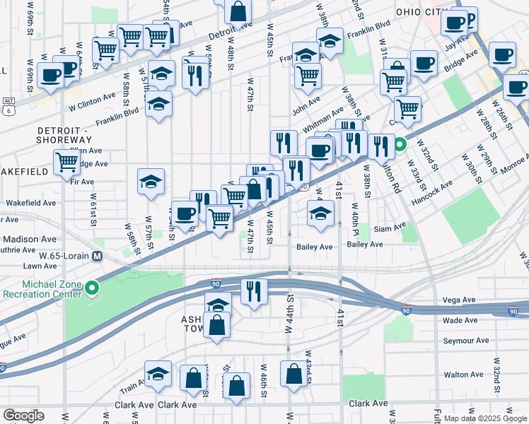 map of restaurants, bars, coffee shops, grocery stores, and more near 4609 Lorain Court in Cleveland