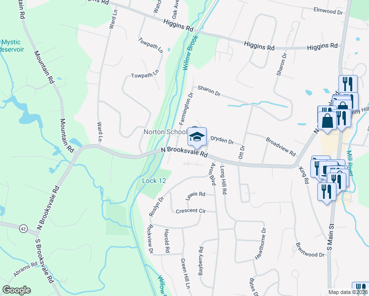 map of restaurants, bars, coffee shops, grocery stores, and more near 445 North Brooksvale Road in Cheshire
