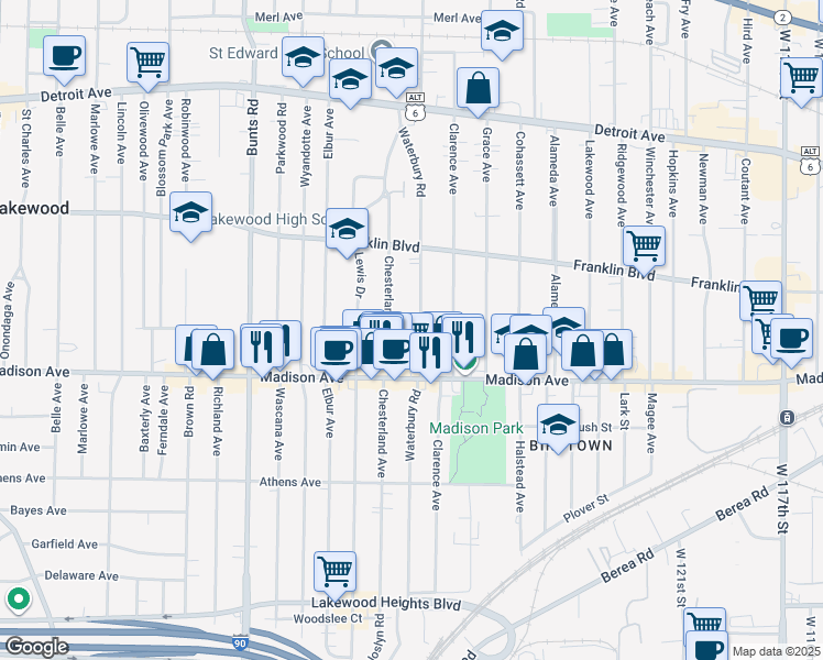 map of restaurants, bars, coffee shops, grocery stores, and more near 1646 Waterbury Road in Lakewood
