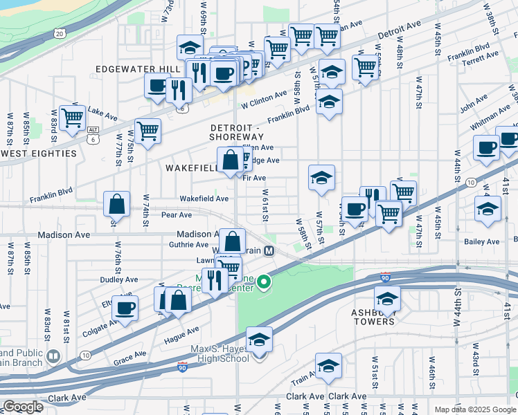 map of restaurants, bars, coffee shops, grocery stores, and more near 6112 Pear Avenue in Cleveland