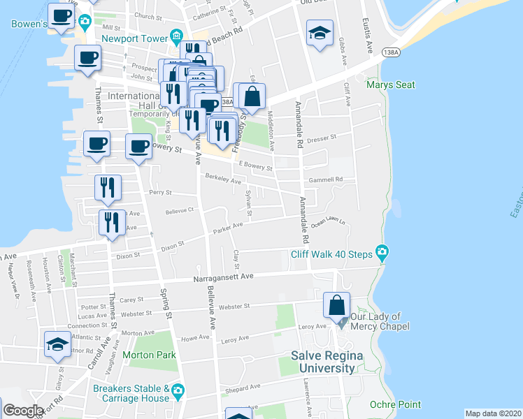 map of restaurants, bars, coffee shops, grocery stores, and more near 7 Sylvan Terrace in Newport