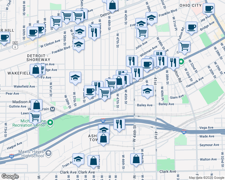 map of restaurants, bars, coffee shops, grocery stores, and more near 4744 Lorain Avenue in Cleveland