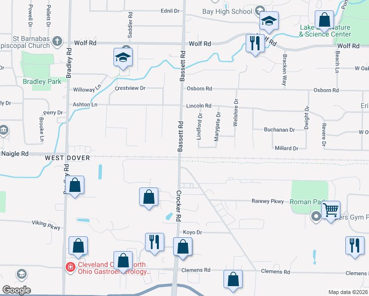 map of restaurants, bars, coffee shops, grocery stores, and more near 631 Bassett Road in Bay Village