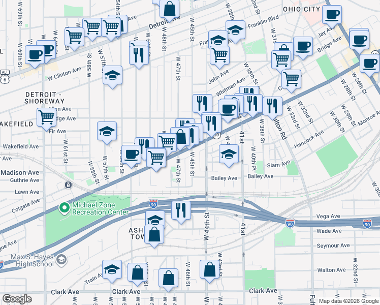 map of restaurants, bars, coffee shops, grocery stores, and more near 4609 Lorain Court in Cleveland