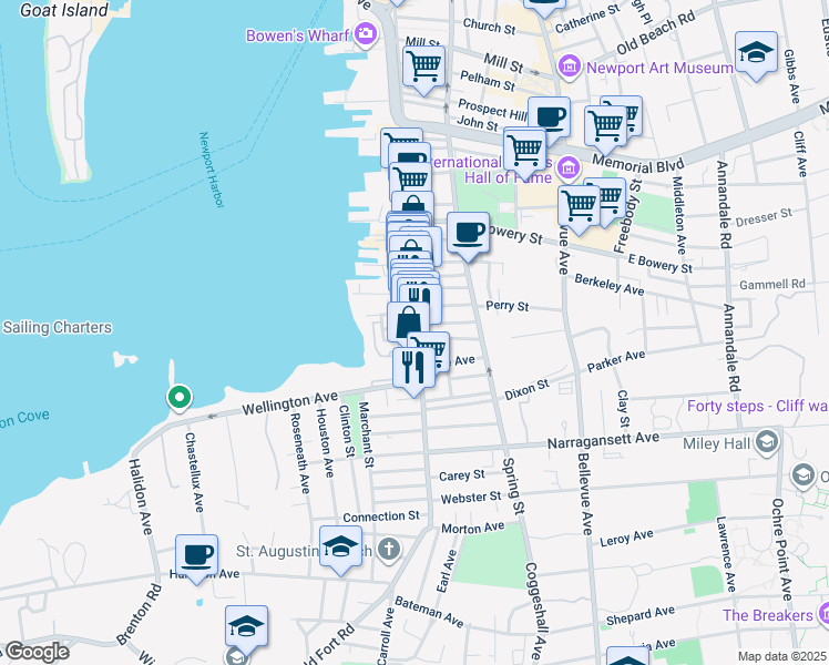map of restaurants, bars, coffee shops, grocery stores, and more near 4 Goodwin Street in Newport