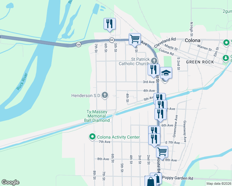 map of restaurants, bars, coffee shops, grocery stores, and more near 313 5th Street in Colona