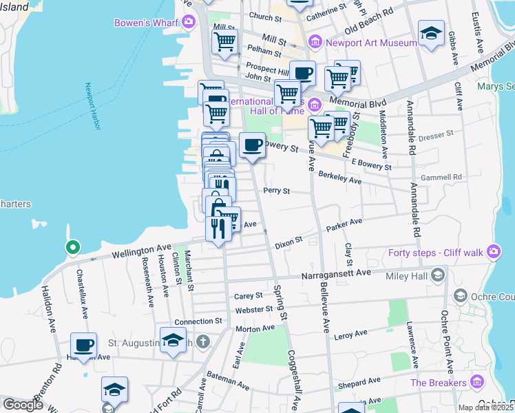 map of restaurants, bars, coffee shops, grocery stores, and more near 461 Spring Street in Newport