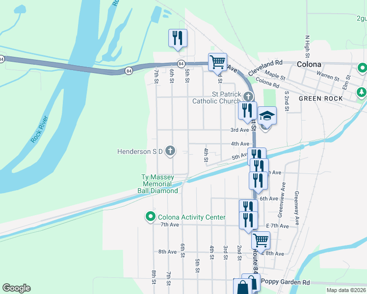 map of restaurants, bars, coffee shops, grocery stores, and more near 318 6th Street in Colona