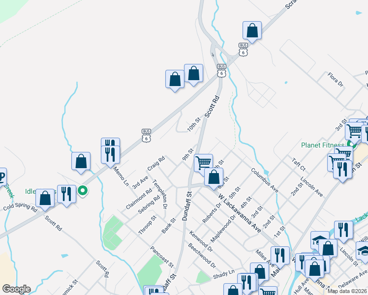 map of restaurants, bars, coffee shops, grocery stores, and more near 17 9th St in Olyphant