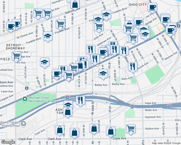 map of restaurants, bars, coffee shops, grocery stores, and more near 2042 West 44th Street in Cleveland