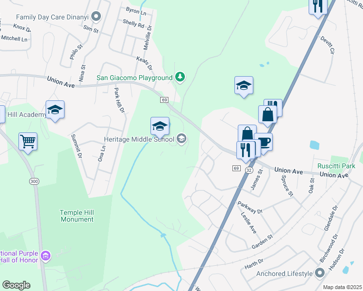 map of restaurants, bars, coffee shops, grocery stores, and more near 405 Union Avenue in New Windsor