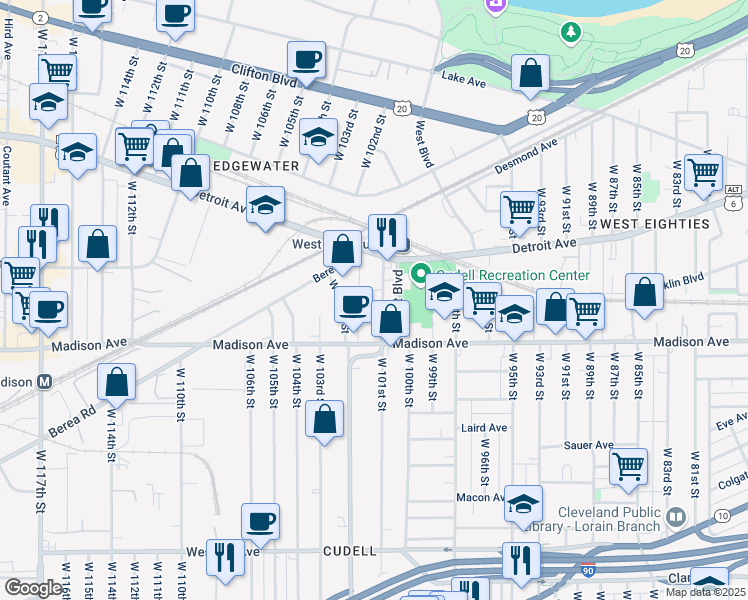 map of restaurants, bars, coffee shops, grocery stores, and more near 1448 West 101st Street in Cleveland