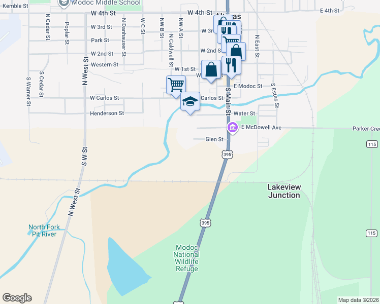 map of restaurants, bars, coffee shops, grocery stores, and more near 231A/B Glen Street in Alturas
