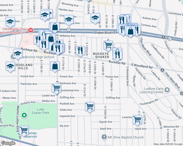 map of restaurants, bars, coffee shops, grocery stores, and more near 12306 Forest Avenue in Cleveland