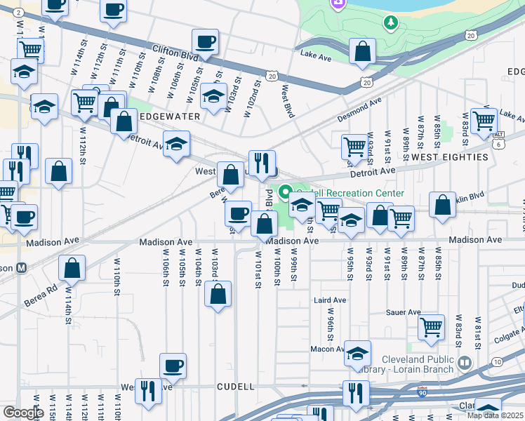map of restaurants, bars, coffee shops, grocery stores, and more near 1464 West 101st Street in Cleveland