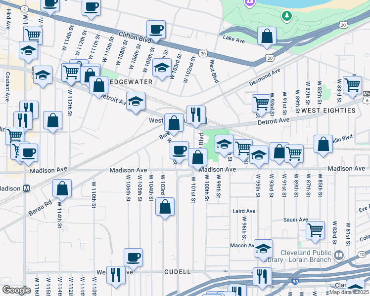 map of restaurants, bars, coffee shops, grocery stores, and more near 1464 West 101st Street in Cleveland