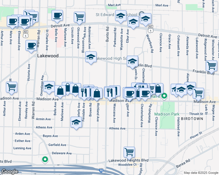 map of restaurants, bars, coffee shops, grocery stores, and more near 1668 Parkwood Road in Lakewood