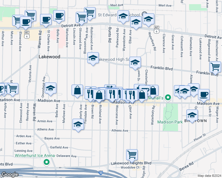 map of restaurants, bars, coffee shops, grocery stores, and more near 1668 Parkwood Road in Lakewood