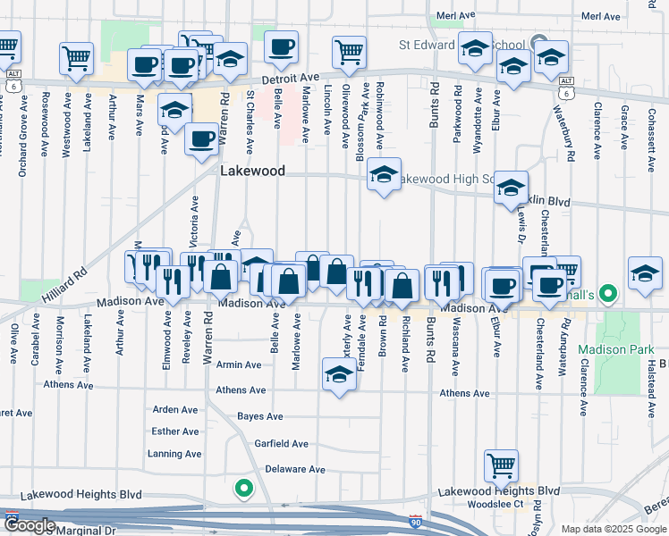 map of restaurants, bars, coffee shops, grocery stores, and more near 1666 Lincoln Avenue in Lakewood