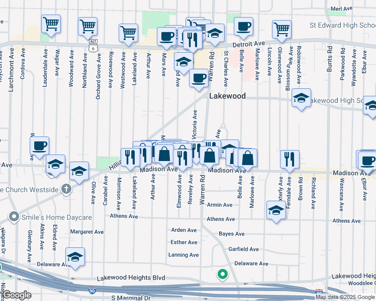 map of restaurants, bars, coffee shops, grocery stores, and more near 1675 Victoria Avenue in Lakewood