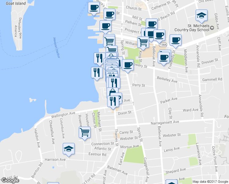 map of restaurants, bars, coffee shops, grocery stores, and more near 526 Thames Street in Newport