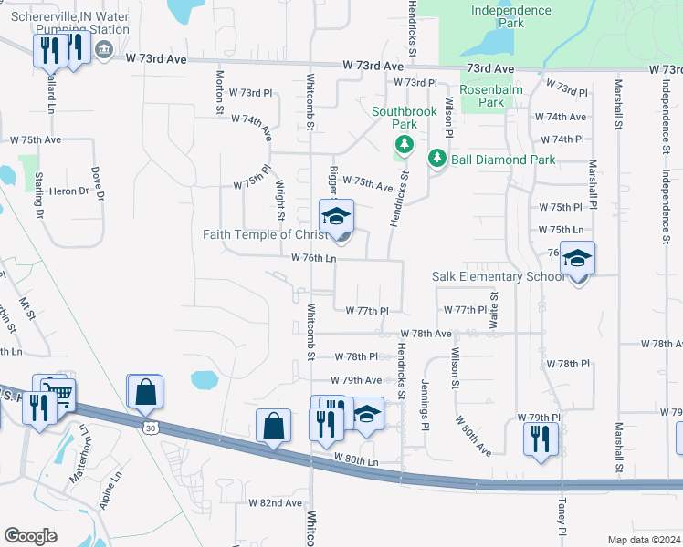map of restaurants, bars, coffee shops, grocery stores, and more near 7710-7714 Wallace Street in Merrillville