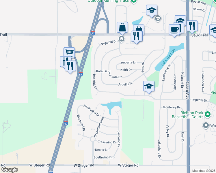map of restaurants, bars, coffee shops, grocery stores, and more near 5265 Arquilla Drive in Richton Park
