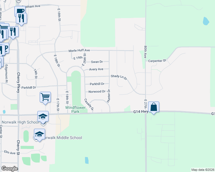 map of restaurants, bars, coffee shops, grocery stores, and more near 1010 Hunter Drive in Norwalk
