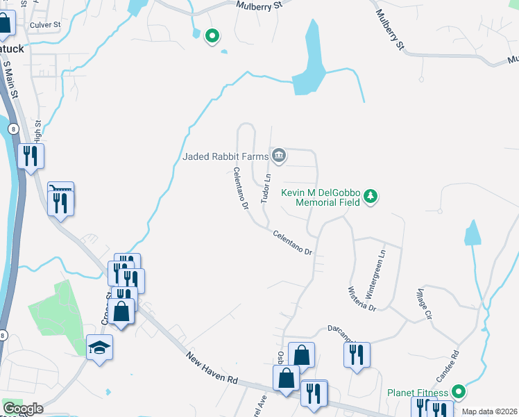 map of restaurants, bars, coffee shops, grocery stores, and more near 10 Tudor Lane in Naugatuck