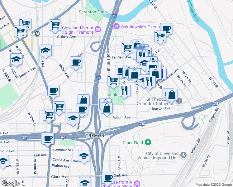 map of restaurants, bars, coffee shops, grocery stores, and more near 1200 Starkweather Avenue in Cleveland