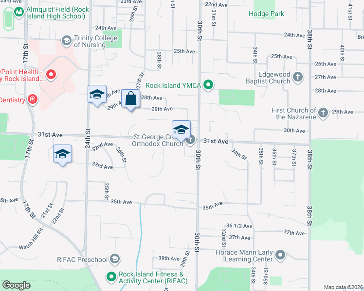 map of restaurants, bars, coffee shops, grocery stores, and more near 2900 31st Avenue in Rock Island