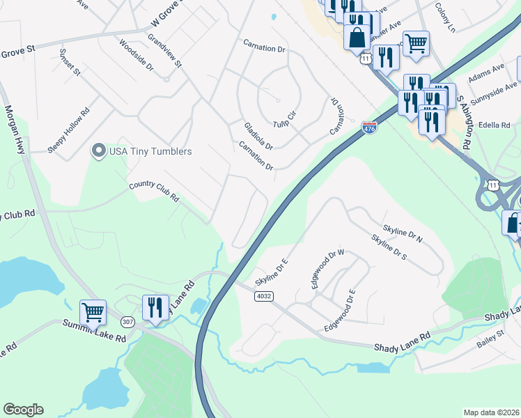 map of restaurants, bars, coffee shops, grocery stores, and more near Pennsylvania Turnpike Northeast Extension in Lackawanna County