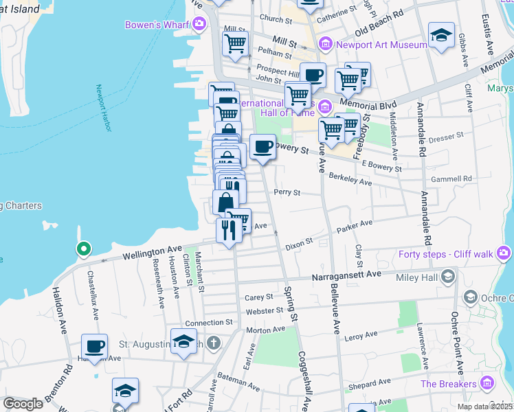 map of restaurants, bars, coffee shops, grocery stores, and more near 21 Underwood Court in Newport