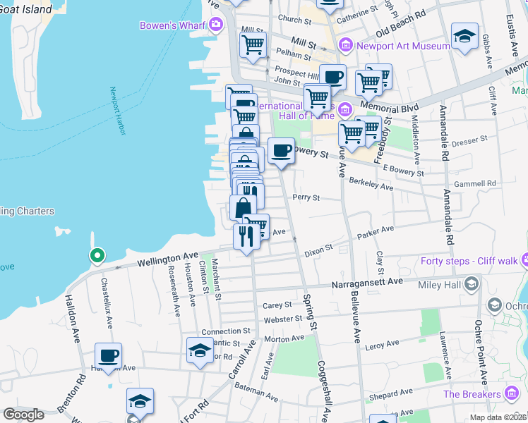 map of restaurants, bars, coffee shops, grocery stores, and more near 21 Underwood Court in Newport