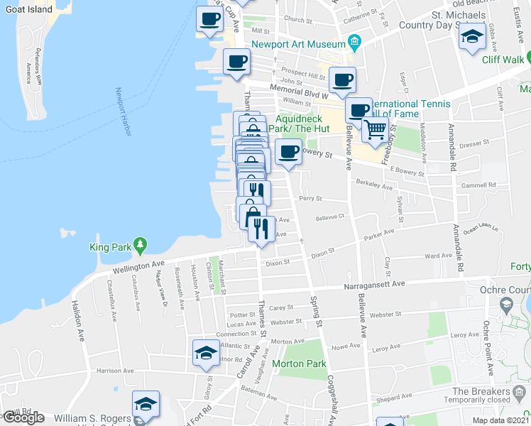 map of restaurants, bars, coffee shops, grocery stores, and more near 21 Underwood Court in Newport