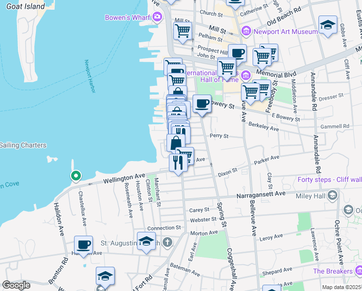 map of restaurants, bars, coffee shops, grocery stores, and more near 547 Thames Street in Newport