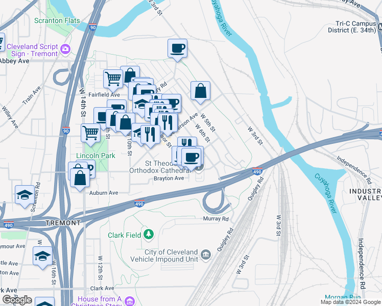 map of restaurants, bars, coffee shops, grocery stores, and more near 2505 Professor Avenue in Cleveland
