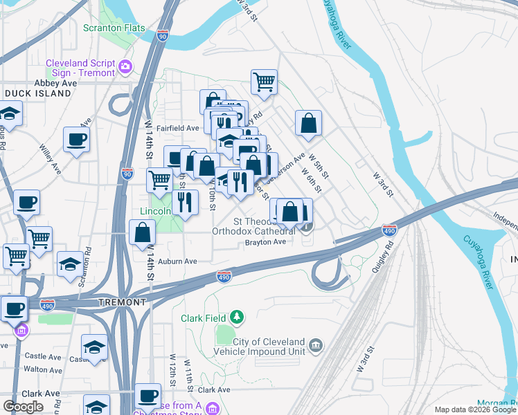 map of restaurants, bars, coffee shops, grocery stores, and more near 2480 Professor Avenue in Cleveland
