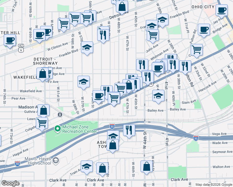 map of restaurants, bars, coffee shops, grocery stores, and more near 4744 Lorain Avenue in Cleveland