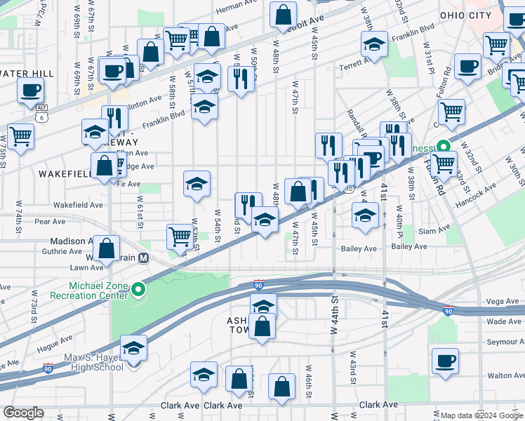 map of restaurants, bars, coffee shops, grocery stores, and more near 1978 West 50th Street in Cleveland