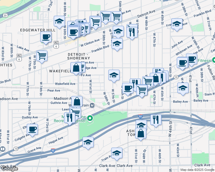 map of restaurants, bars, coffee shops, grocery stores, and more near 1967 West 58th Street in Cleveland