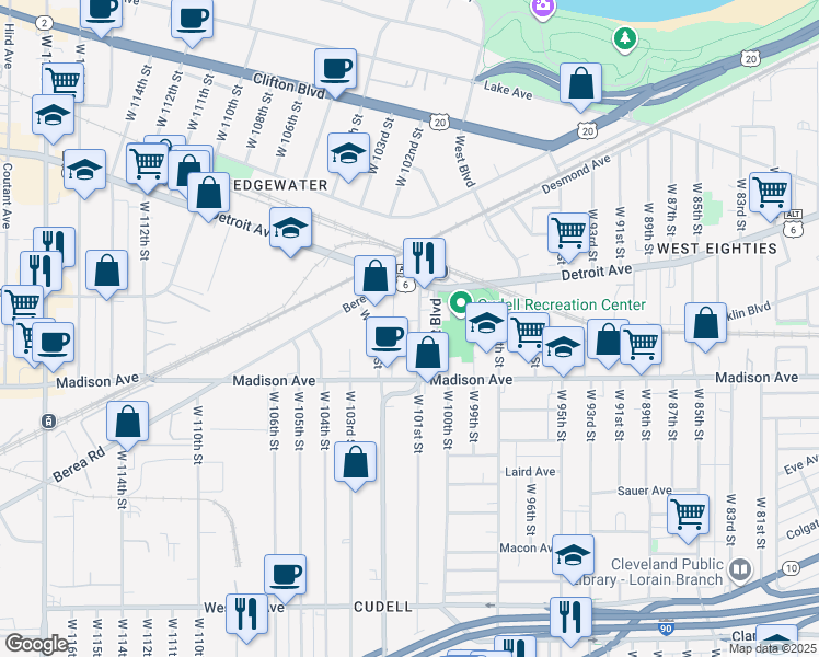 map of restaurants, bars, coffee shops, grocery stores, and more near 1464 West 101st Street in Cleveland