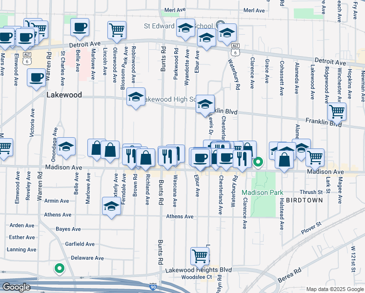map of restaurants, bars, coffee shops, grocery stores, and more near 1665 Wyandotte Avenue in Lakewood