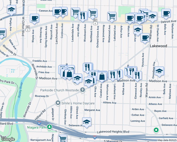 map of restaurants, bars, coffee shops, grocery stores, and more near 1665 Woodward Avenue in Lakewood