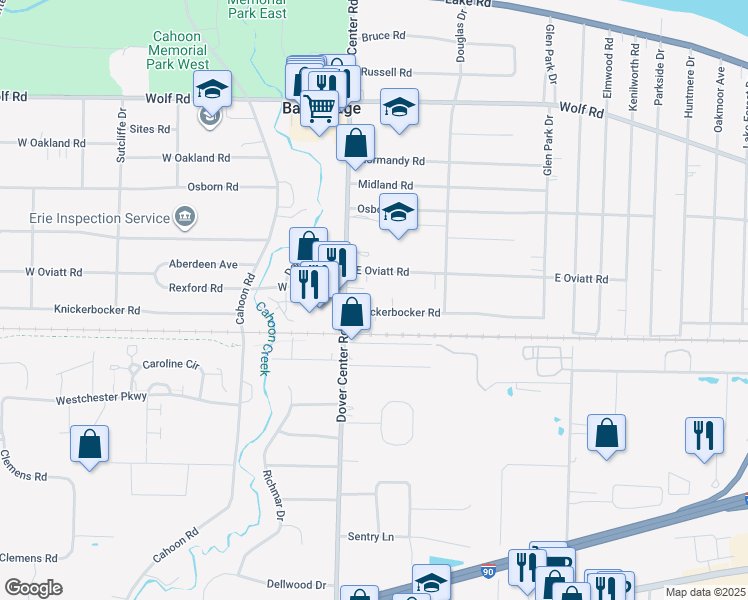 map of restaurants, bars, coffee shops, grocery stores, and more near 27025 Knickerbocker Road in Bay Village