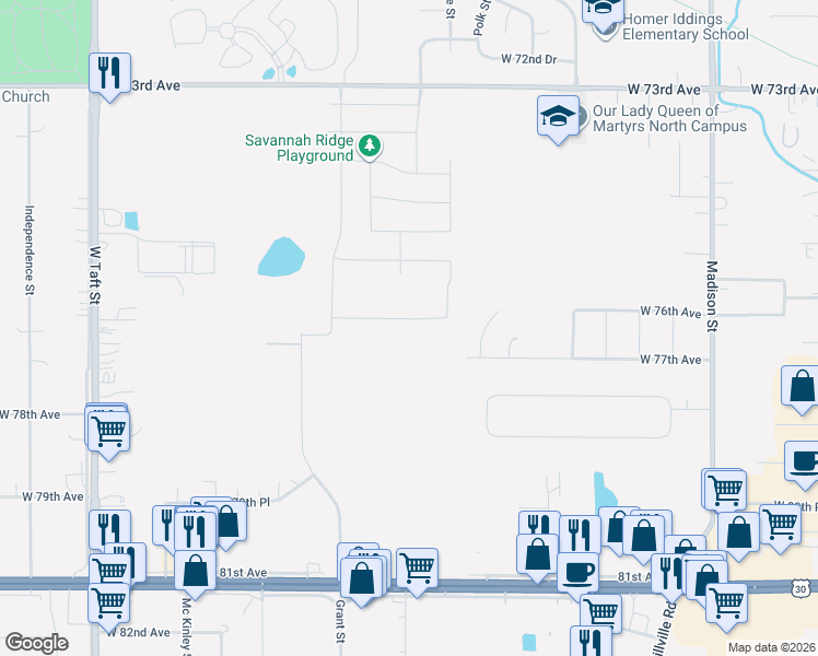 map of restaurants, bars, coffee shops, grocery stores, and more near 1317 77th Place in Merrillville