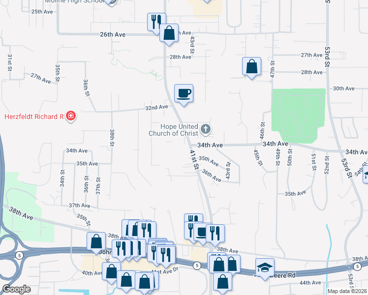 map of restaurants, bars, coffee shops, grocery stores, and more near 3541 41st Street in Moline